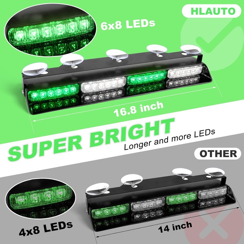 HLauto 6Z4J Emergency Dash Strobe Lights: 2x16.8 inch Green White Safety Lights, 48 LED Flashing Warning Hazard Interior Windshield Visor Traffic Light Bar for Trucks, Construction Vehicles - Image 2